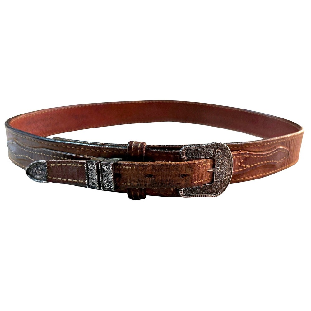 Vintage 80s Western Cowhide Leather Belt Mens 36 Silver Buckle Cowboy Americana